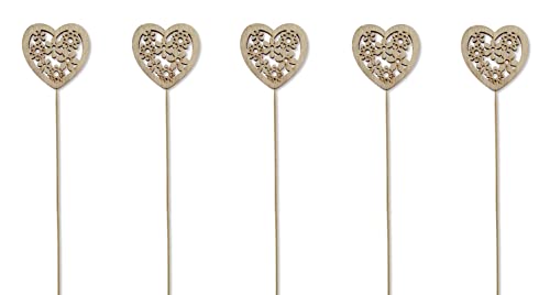 DARO DEKO Holz Blumen-Stecker Herz mit Blümchen Natur 5 Stück 7 x 35cm Dekostecker Blumenstab Herzstab Holzstecker von DARO DEKO