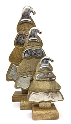 DARO DEKO Holz Tannenbaum mit Standfuss 3er Set Natur braun Silber 18cm 28cm 38cm von DARO DEKO