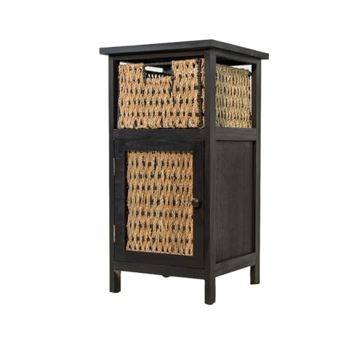 DARO DEKO Holz und Seegras Schrank mit Kiste 33 x 62cm schwarz braun Beistell-Schrank Nachttisch Regal von DARO DEKO