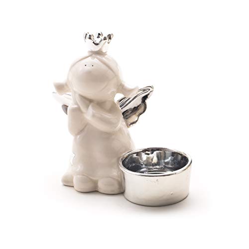 DARO DEKO Keramik Engel Teelicht Silber-weiß 11cm - 1 Stück von DARO DEKO