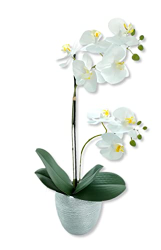 DARO DEKO Kunst-Pflanze Orchidee weiße Blüten 47cm Keramik Topf Silber künstliche Phalaenopsis Kunstblume von DARO DEKO