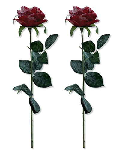 DARO DEKO Kunstpflanze Rose vereist 65 cm rot grün Glitzer Zweig Kunstrose künstliche Pflanze Glitzer 2 Stück von DARO DEKO