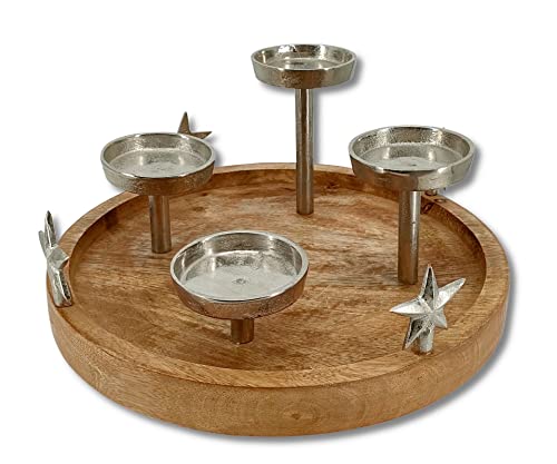DARO DEKO Mango-Holz und Metall Kerzenhalter rund Silber Ø 30cm (mit Sternen) von DARO DEKO