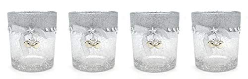DARO DEKO Teelichthalter aus Glas Silber gesprenkelt mit Glöckchen und Stern 4 Stück 7 x 8cm von DARO DEKO