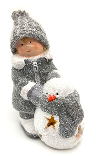 DARO DEKO Winterkind Junge mit LED Schneemann 16cm Dekofigur Weihnachtsdeko von DARO DEKO