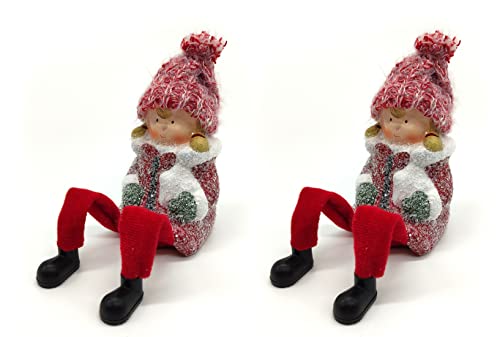 DARO DEKO Winterkind Kantenhocker Mädchen 22cm rot weiß Dekofigur Weihnachtsdeko 2 Stück von DARO DEKO