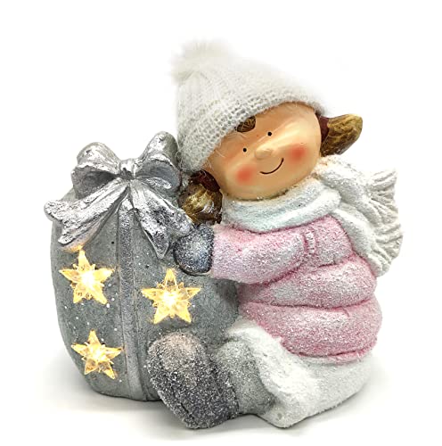 DARO DEKO Winterkind Mädchen mit Geschenk und LED Sternen 28cm Dekofigur Weihnachtsdeko von DARO DEKO