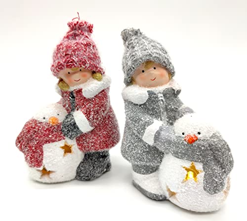 DARO DEKO Winterkinder Mädchen und Junge mit LED Schneemännern 16cm Dekofigur Weihnachtsdeko von DARO DEKO