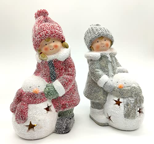 DARO DEKO Winterkinder Mädchen und Junge mit LED Schneemännern 27cm Dekofigur Weihnachtsdeko von DARO DEKO