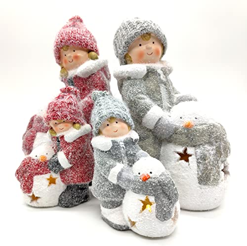 DARO DEKO Winterkinder Mädchen und Jungen mit LED Schneemännern 16cm und 27cm Dekofigur Weihnachtsdeko von DARO DEKO