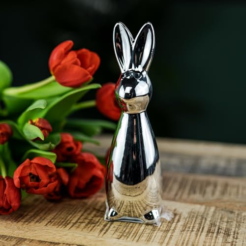 Keramik Osterdeko Hase stehend 5 x 18cm Silber Dekofigur Oster-Dekoration Tisch-Deko Osterhase von DARO DEKO