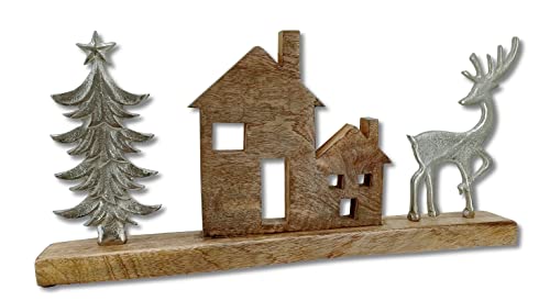 Mango-Holz und Metall Figur Häuser, Baum und Rentier braun Silber 46 x 22cm Dekofigur Wald-Deko Tisch Dekoration von DARO DEKO