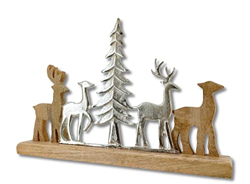 Mango-Holz und Metall Figur REH-Familie und Tannenbaum braun Silber 38 x 25cm Dekofigur Wald-Deko Tisch Dekoration von DARO DEKO