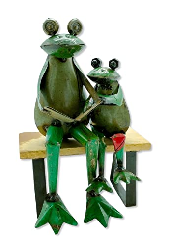 Metall Dekofigur Frösche auf Holz-Bank 21 x 31cm grün braun schwarz Garten-Figur Deko Frosch Skulptur Tierfigur von DARO DEKO