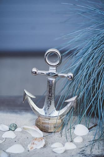 Metall Skulptur mit Holz-Fuß Silber-braun Anker 16 x 25cm Dekofigur Tisch-Deko Maritim Mediterran Meeresdeko von DARO DEKO