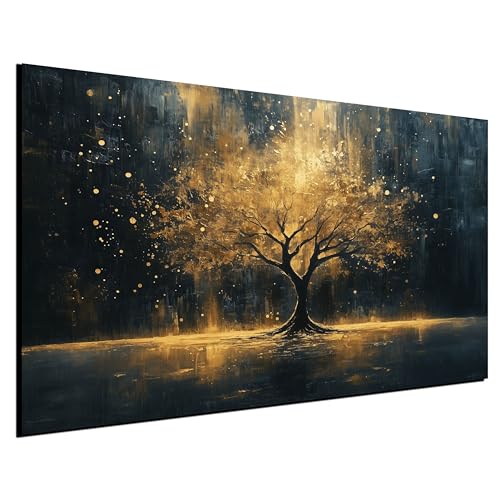 DARO Design® Bild auf Leinwand Groß 70x50 cm Schlafzimmer Bilder Badezimmer Wand Deko Wohnzimmer Modern Wanddeko Bilderwand Geschenk Abstrakt Lebensbaum Baum Schwarz Gold Strahlen von DARO Design