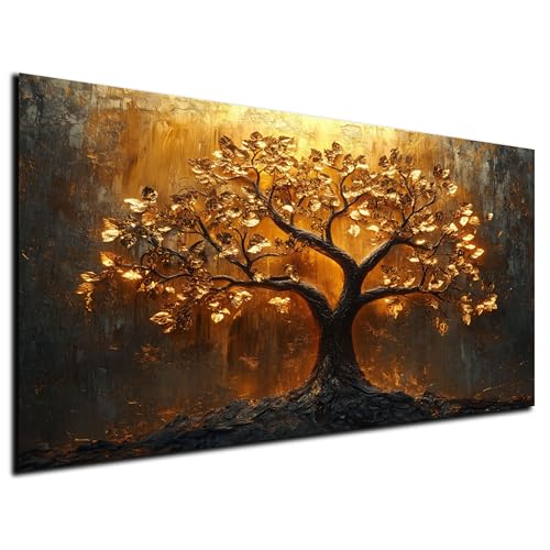 DARO Design® Bild auf Leinwand Groß 70x50 cm Schlafzimmer Bilder Badezimmer Wand Deko Wohnzimmer Modern Wanddeko Bilderwand Geschenk Abstrakt Lebensbaum Baum Schwarz Gold Strahlen von DARO Design