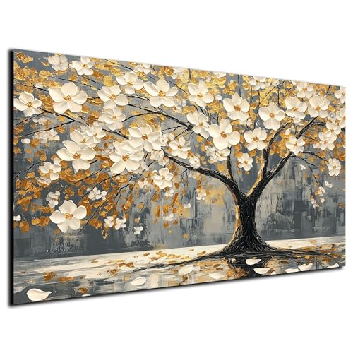 DARO Design® Bild auf Leinwand Groß 84x56 cm XXL Wohnzimmer Deko Modern Wandbild Kunstdruck auf Leinwand Bild Schlafzimmer über Bett Room Decor Geschenke Abstrakt Baum Blumen Weiß Natur Kunst von DARO Design