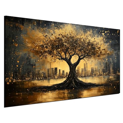 DARO Design® Bild auf Leinwand Groß 84x56 cm XXL Wohnzimmer Deko Modern Wandbild Kunstdruck auf Leinwand Bild Schlafzimmer über Bett Room Decor Geschenke Abstrakt Baum Gold Schwarz Stadt Lebensbaum von DARO Design