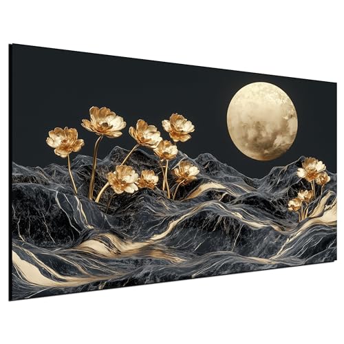 DARO Design® Leinwände Groß 84x56 cm XXL Wall Decoration Bilder Schlafzimmer Deko Pictures Canvas Painting Wanddekoration Wohnzimmer Kunstdruck Mond Marmor Blumen Gold Schwarz Granit von DARO Design