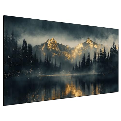 DARO Design® Leinwand Groß 84x56 cm XXL Deko Schlafzimmer Aesthetic Leinwandbilder Wohnzimmer Gemälde Foto Geschenk Living Room Decoration Kunst Berge Gold See Wald Wasser Spiegelung Nebel von DARO Design