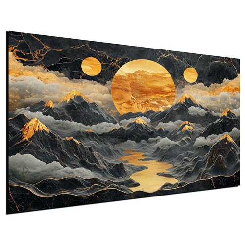 DARO Design® Leinwandbild Groß 84x56 cm XXL Wohnzimmer Deko Modern Wandbild Kunstdruck auf Leinwand Bild Schlafzimmer über Bett Room Decor Geschenke Abstrakt Berge Gold Sonne Fluß Gipfel Wolken von DARO Design