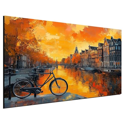 DARO Design® Wandbilder Groß 84x56 cm XXL Wohnzimmer Wanddeko Schlafzimmer Zimmerdeko Wandgemälde Zimmer Deko auf Wand Dekoration Wall Art Amsterdam Grachten Fahrrad Fluss Boote von DARO Design