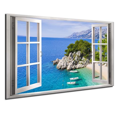 DARO Design® Wandbilder XXL Groß 84x56 cm Wohnzimmer Wanddeko Schlafzimmer Zimmerdeko Wandgemälde Zimmer Deko auf Wand Dekoration Wall Art Kroatien Strand Boote Felsen Velebit von DARO Design