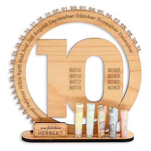 DARO Design - 10 Geburtstag Geschenk Frauen & Männer - Geldgeschenke Geburtstag 10 mit Ständer - Holz-Schild Gästebuch - 10 Geburtstag Deko - Personalisierbares Geschenk von DARO Design