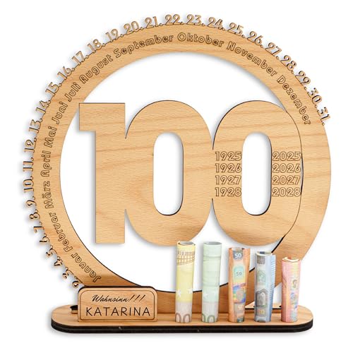 DARO Design - 100 Geburtstag Geschenk Frauen & Männer - Geldgeschenke Geburtstag 100 mit Ständer - Holz-Schild Gästebuch - 100 Geburtstag Deko - Personalisierbares Geschenk von DARO Design