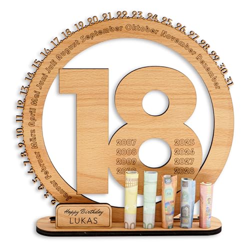 DARO Design - 18 Geburtstag Geschenk Frauen & Männer - Geldgeschenke Geburtstag 18 mit Ständer - Holz-Schild Gästebuch - 18 Geburtstag Deko - Personalisierbares Geschenk von DARO Design