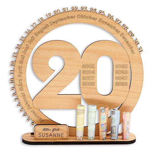 DARO Design - 20 Geburtstag Geschenk Frauen & Männer - Geldgeschenke Geburtstag 20 mit Ständer - Holz-Schild Gästebuch - 20 Geburtstag Deko - Personalisierbares Geschenk von DARO Design