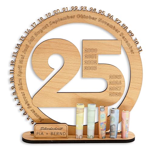 DARO Design - 25 Geburtstag Geschenk Frauen & Männer - Geldgeschenke Geburtstag 25 mit Ständer - Holz-Schild Gästebuch - 25 Geburtstag Deko - Personalisierbares Geschenk von DARO Design