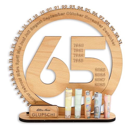 DARO Design - 65 Geburtstag Geschenk Frauen & Männer - Geldgeschenke Geburtstag 65 mit Ständer - Holz-Schild Gästebuch - 65 Geburtstag Deko - Personalisierbares Geschenk von DARO Design