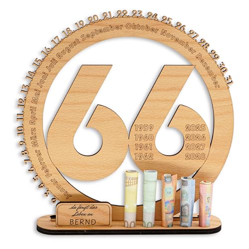 DARO Design - 66 Geburtstag Geschenk Frauen & Männer - Geldgeschenke Geburtstag 66 mit Ständer - Holz-Schild Gästebuch - 66 Geburtstag Deko - Personalisierbares Geschenk von DARO Design