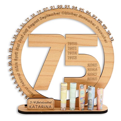 DARO Design - 75 Geburtstag Geschenk Frauen & Männer - Geldgeschenke Geburtstag 75 mit Ständer - Holz-Schild Gästebuch - 75 Geburtstag Deko - Personalisierbares Geschenk von DARO Design