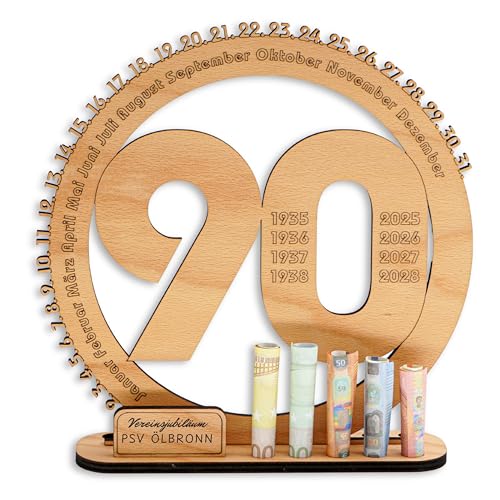 DARO Design - 90 Geburtstag Geschenk Frauen & Männer - Geldgeschenke Geburtstag 90 mit Ständer - Holz-Schild Gästebuch - 90 Geburtstag Deko - Personalisierbares Geschenk von DARO Design