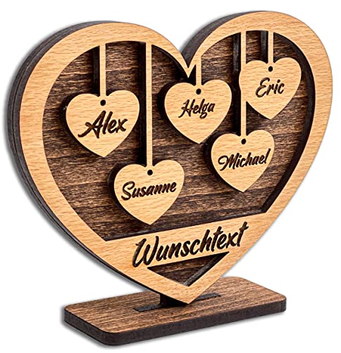 DARO Design - Herz mit Gravur aus Holz - Wunschtext und 5 Namen - Geschenk für Eltern, Großeltern, Oma, Opa, Enkel, Freunde, Liebe - Größe 15x12x4cm - Individuell, Persönlich von DARO Design