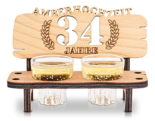 DARO Design - Schnapsbank 34. Hochzeitstag Amberhochzeit Geschenk Deko für Paare Männer Frauen aus Holz mit Gläsern von DARO Design