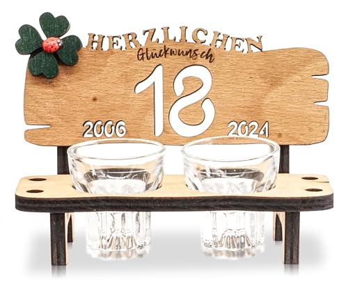 DARO Design - Schnapsbank Jahreszahl 18 Jahre Holz 2 Schnapsgläser Kleeblatt Jahrestag Geburtstag Hochzeitsgeschenk Jubiläum Geschenk 2024 von DARO Design