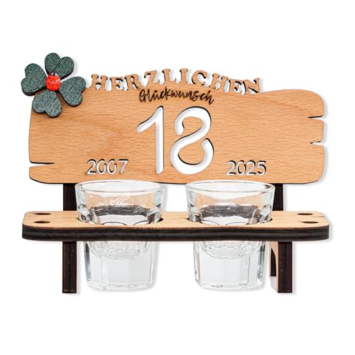 DARO Design - Schnapsbank Jahreszahl 18 Jahre Holz 2 Schnapsgläser Kleeblatt Jahrestag Geburtstag Hochzeitsgeschenk Jubiläum Geschenk 2025 von DARO Design