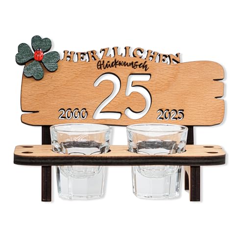 DARO Design - Schnapsbank Jahreszahl 25 Jahre Holz 2 Schnapsgläser Kleeblatt Jahrestag Geburtstag Hochzeitsgeschenk Jubiläum Geschenk 2025 von DARO Design