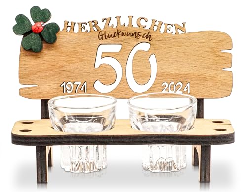 DARO Design - Schnapsbank Jahreszahl 50 Jahre Holz 2 Schnapsgläser Kleeblatt Jahrestag Geburtstag Hochzeitsgeschenk Jubiläum Geschenk 2024 von DARO Design