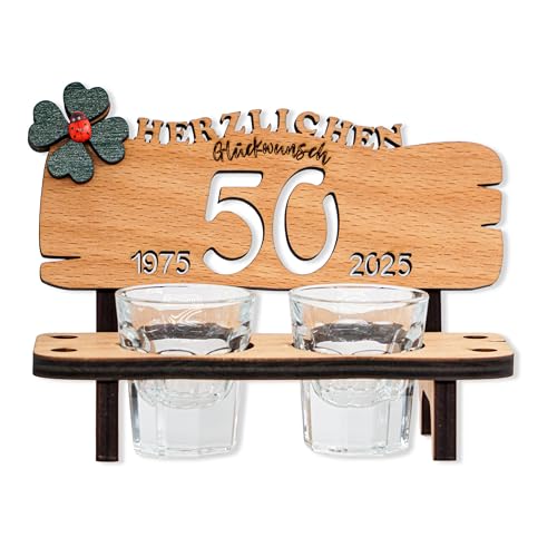 DARO Design - Schnapsbank Jahreszahl 50 Jahre Holz 2 Schnapsgläser Kleeblatt Jahrestag Geburtstag Hochzeitsgeschenk Jubiläum Geschenk 2025 von DARO Design