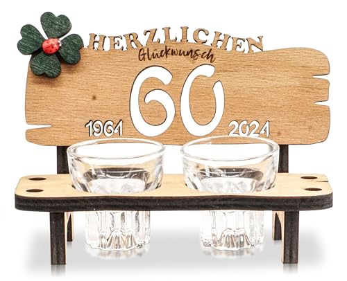 DARO Design - Schnapsbank Jahreszahl 60 Jahre Holz 2 Schnapsgläser Kleeblatt Jahrestag Geburtstag Hochzeitsgeschenk Jubiläum Geschenk 2024 von DARO Design