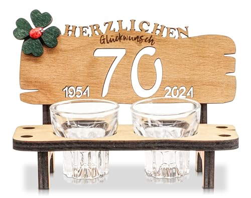 DARO Design - Schnapsbank Jahreszahl 70 Jahre Holz 2 Schnapsgläser Kleeblatt Jahrestag Geburtstag Hochzeitsgeschenk Jubiläum Geschenk 2024 von DARO Design