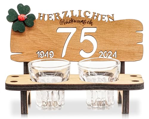 DARO Design - Schnapsbank Jahreszahl 75 Jahre Holz 2 Schnapsgläser Kleeblatt Jahrestag Geburtstag Hochzeitsgeschenk Jubiläum Geschenk 2024 von DARO Design
