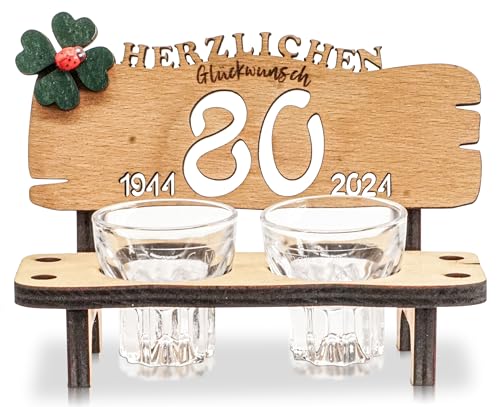 DARO Design - Schnapsbank Jahreszahl 80 Jahre Holz 2 Schnapsgläser Kleeblatt Jahrestag Geburtstag Hochzeitsgeschenk Jubiläum Geschenk 2024 von DARO Design