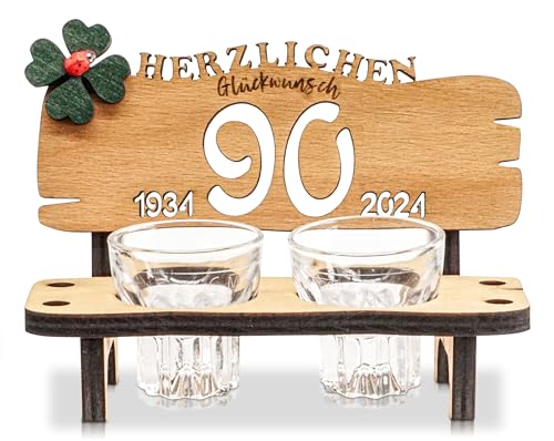 DARO Design - Schnapsbank Jahreszahl 90 Jahre Holz 2 Schnapsgläser Kleeblatt Jahrestag Geburtstag Hochzeitsgeschenk Jubiläum Geschenk 2024 von DARO Design