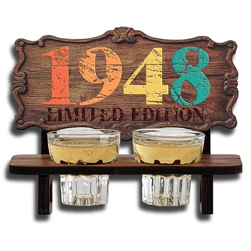 DARO Design - Schnapsbank Jahreszahl Geschenk zum 77. Geburtstag, Limited Edition Jahrgang 1948, Geburtstagsgeschenk Deko Vintage Retro Look lustige Geldgeschenke mit 2 Schnapsgläser, Geburtstagsdeko von DARO Design
